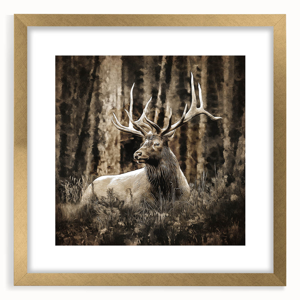 Elegant wall art collection showcasing a majestic deer design in a gold frame, set against a mat background, perfect for nature-themed home decor.