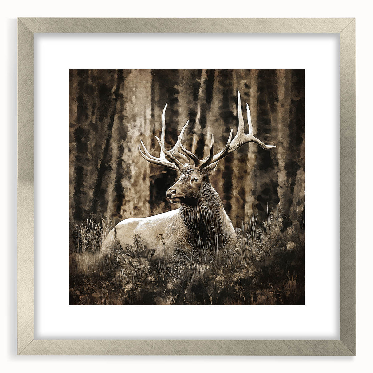 Framed wall art collection showcasing a deer design in a silver frame with a mat, perfect for wildlife lovers and home decor enthusiasts, highlighting nature's beauty.