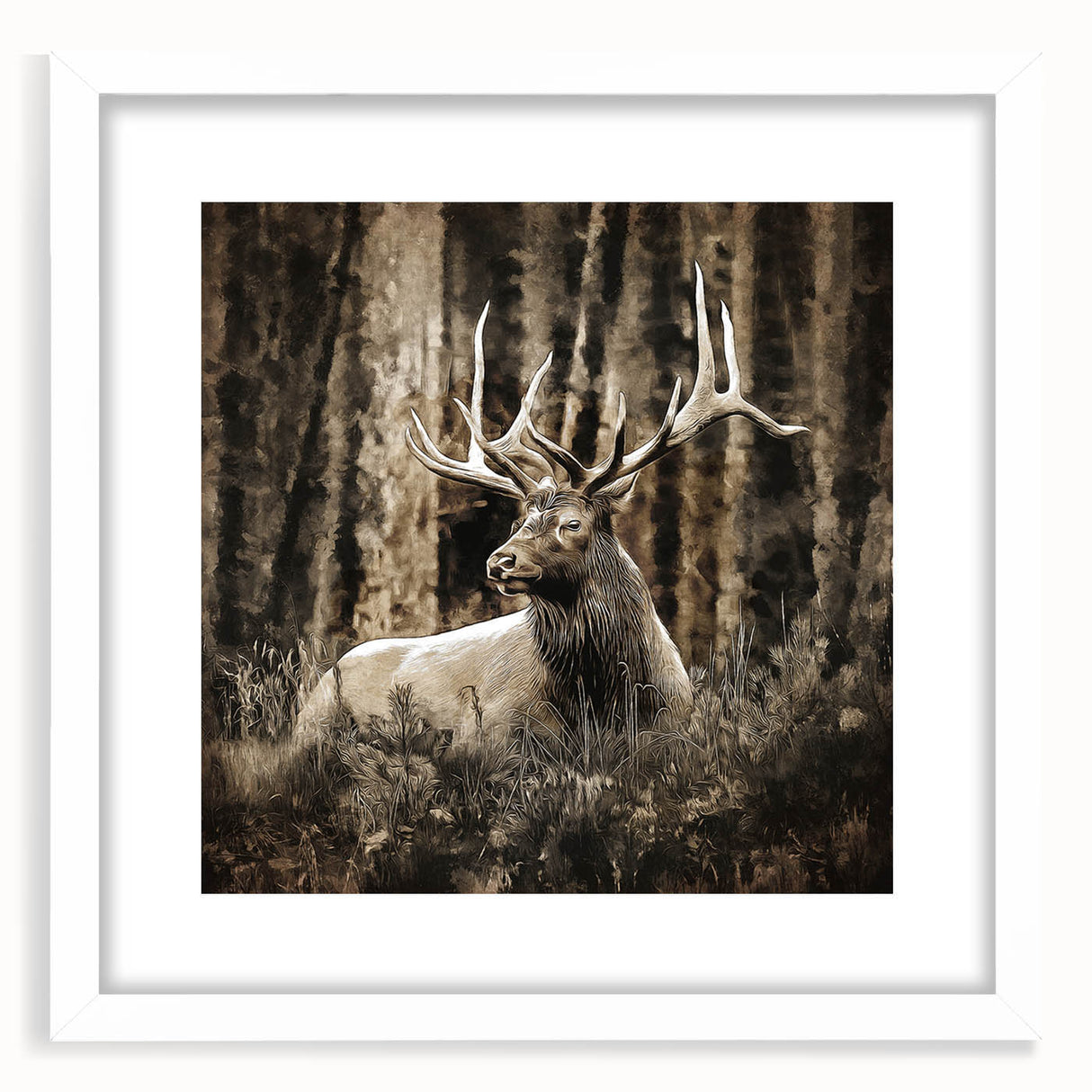 Framed wall art collection featuring a serene deer design, set in a sleek white frame with a mat, perfect for enhancing nature-themed decor in living spaces.