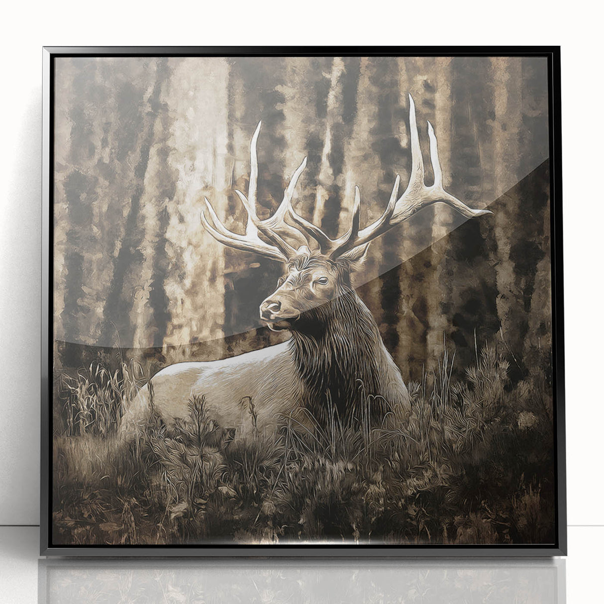 Framed wall art featuring a striking black and white design of a majestic deer against a minimalist background, ideal for nature-themed decor in modern interiors.