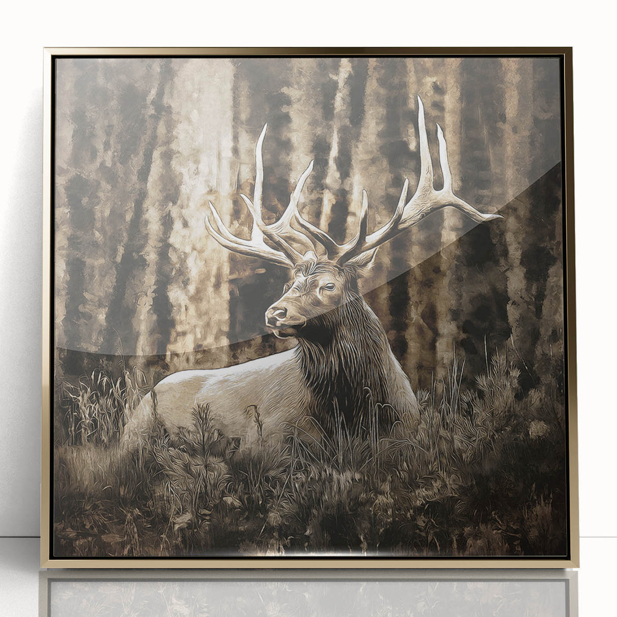 Framed wall art displaying a stunning deer design in an acrylic finish, featuring a gold frame, perfect for wildlife enthusiasts and home decor lovers. This elegant piece adds a touch of nature-inspired elegance to any room.
