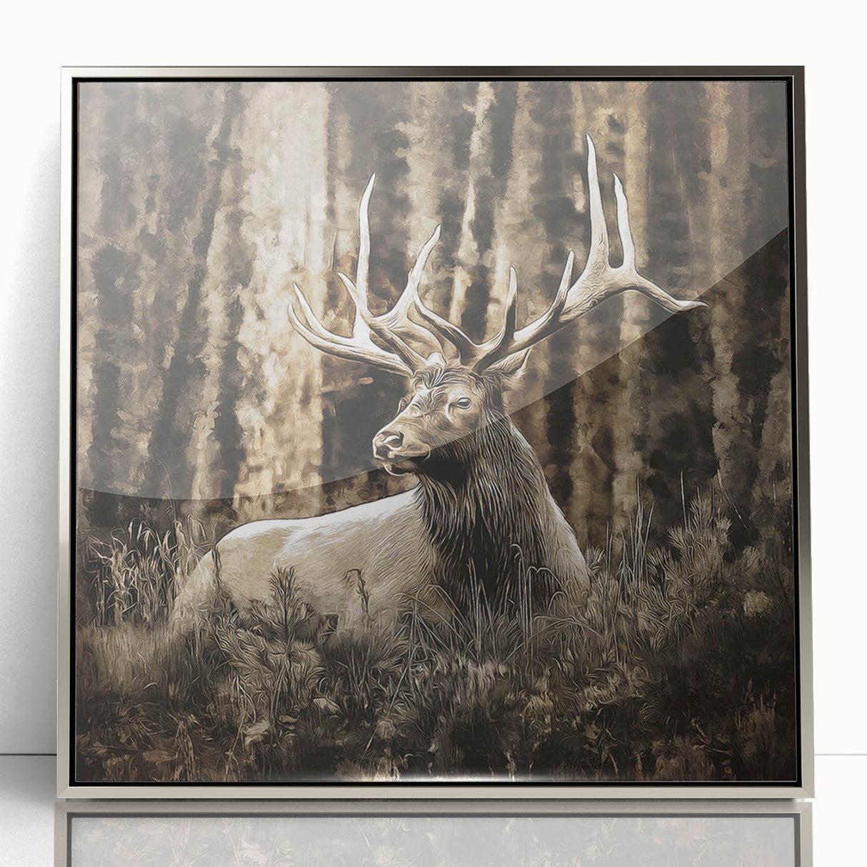 Framed acrylic wall art featuring a stunning deer design, showcasing intricate details and vibrant colors, perfect for enhancing modern home decor.