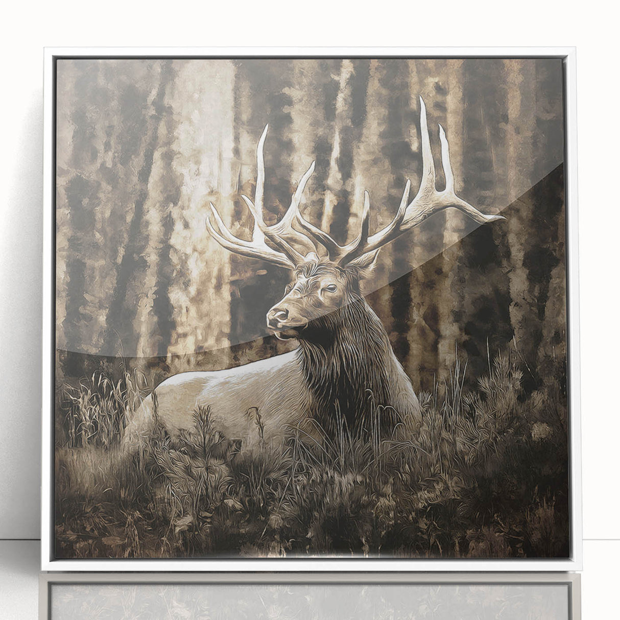 Framed wall art collection showcasing a serene deer design in natural colors, set in a white frame, perfect for enhancing home decor with wildlife aesthetics.