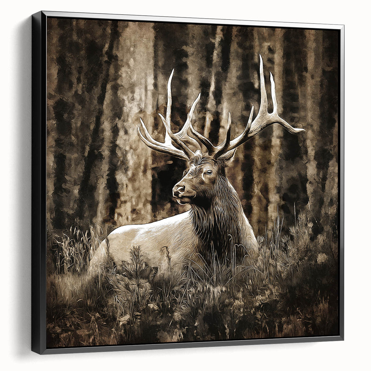 Framed canvas wall art showcasing a majestic deer design in a natural setting, featuring a sleek black frame, perfect for enhancing modern home decor.