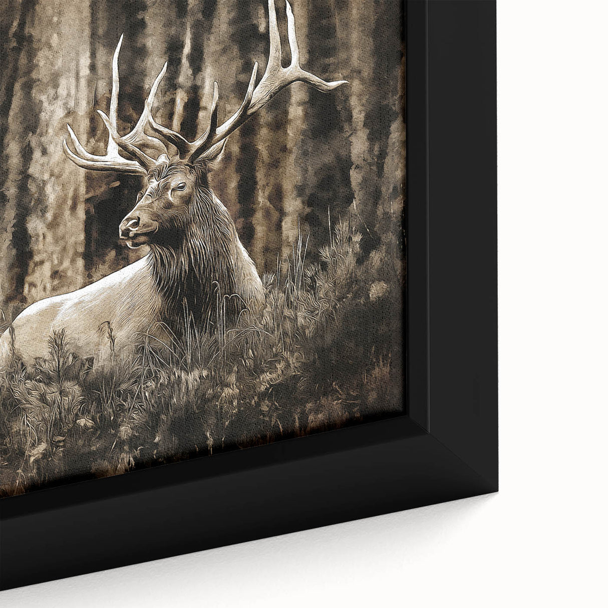 Close-up of a framed canvas wall art piece showcasing a majestic deer in a wild landscape, highlighting intricate details and vibrant colors, perfect for nature lovers and home decor enthusiasts.