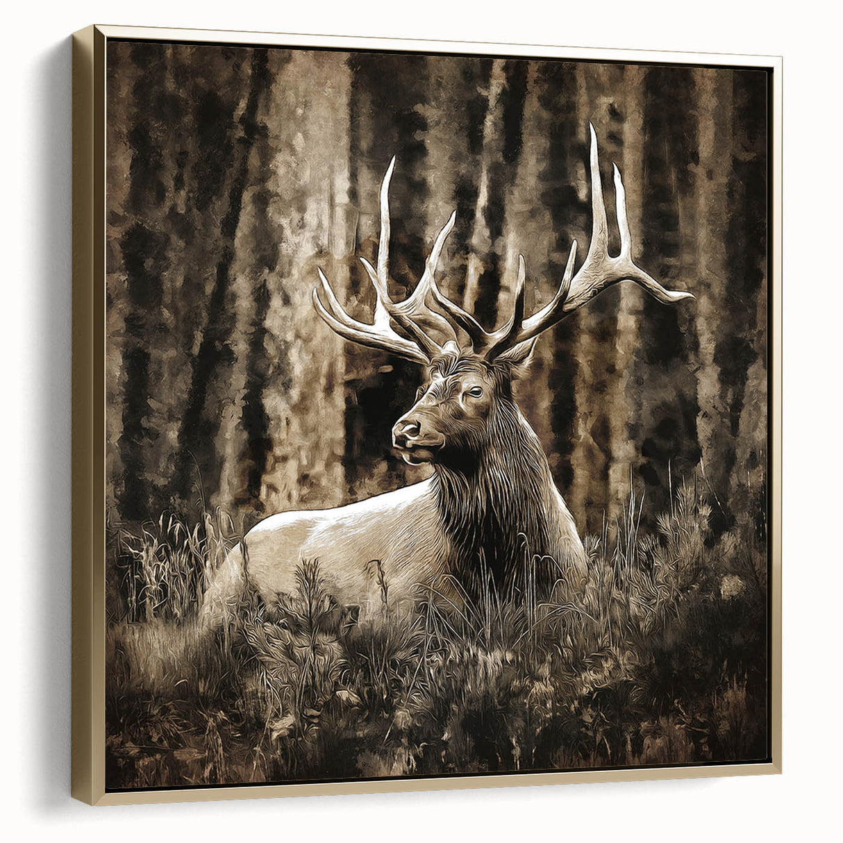 Framed wall art canvas featuring a side view of a deer design set against a stylish gold background, ideal for nature-themed home decor. Perfect for animal lovers.