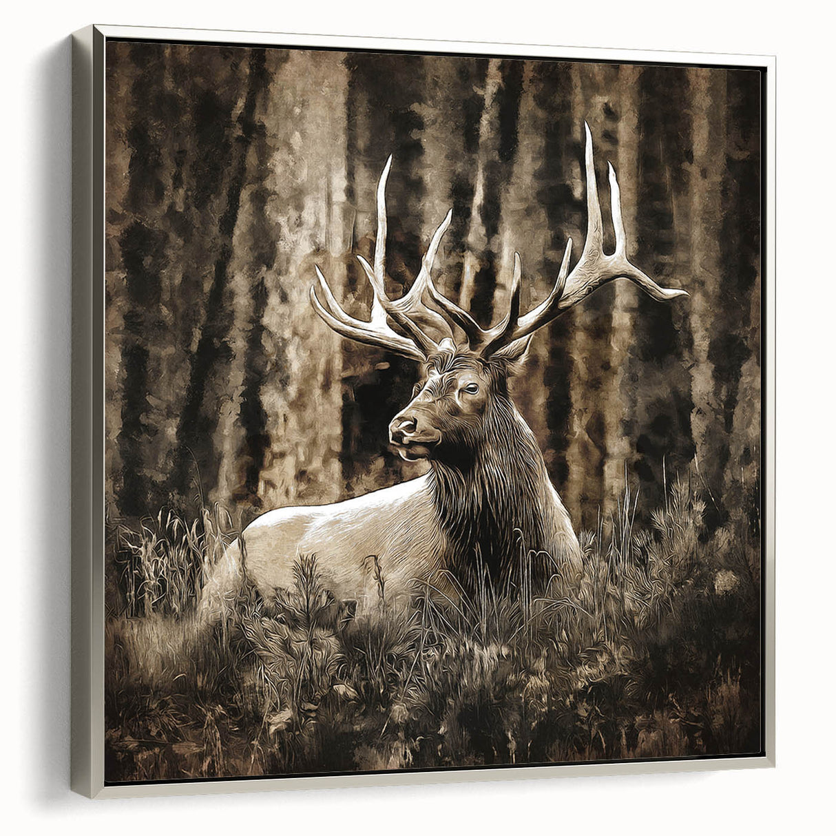 Framed wall art collection showcasing a silver side view of a majestic deer in a serene forest setting, perfect for nature lovers and home decor enthusiasts.