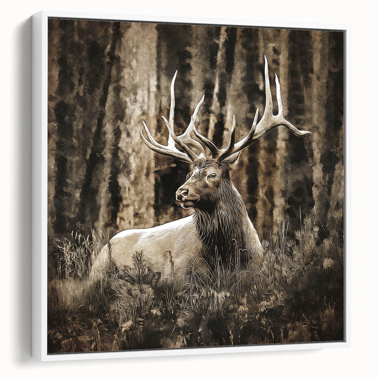 Framed wall art collection showcasing a serene white deer design on canvas, presented from a side view, ideal for nature-themed home decor.