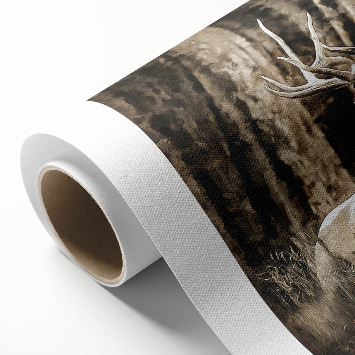 Deer design wall art collection on rolled canvas, showcasing a serene forest scene with vibrant greens and browns, ideal for nature lovers’ home decor.