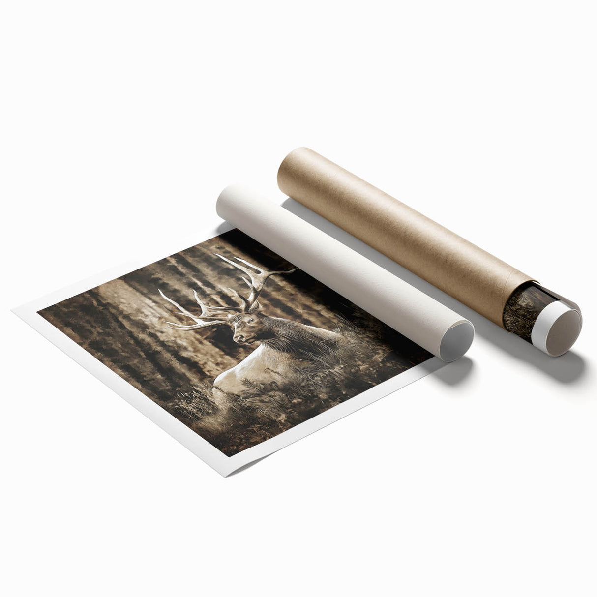 Rolled print of a serene deer design showcasing a lush forest backdrop, perfect for nature-themed decor. Ideal for enhancing wildlife-inspired interiors.