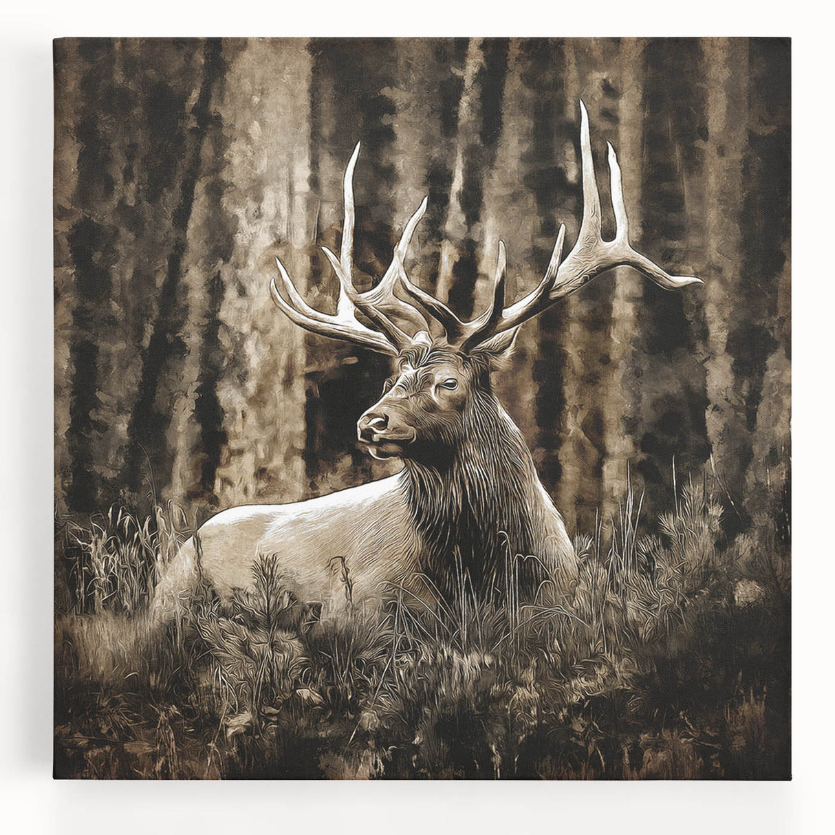 Stretched canvas art depicting a serene deer in a natural woodland setting, showcasing intricate details and earthy tones, perfect for nature-themed decor.