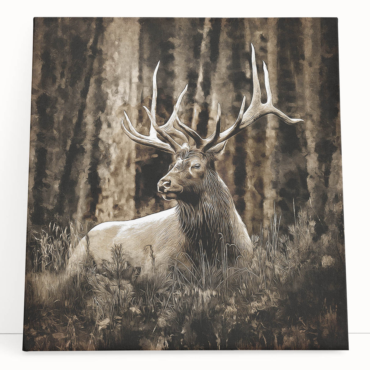 Stretched canvas wall art showcasing a majestic deer design in a serene forest setting, perfect for nature lovers and home decor enthusiasts.