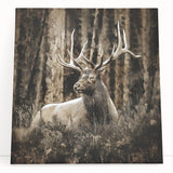 Stretched canvas wall art showcasing a majestic deer design in a serene forest setting, perfect for nature lovers and home decor enthusiasts.