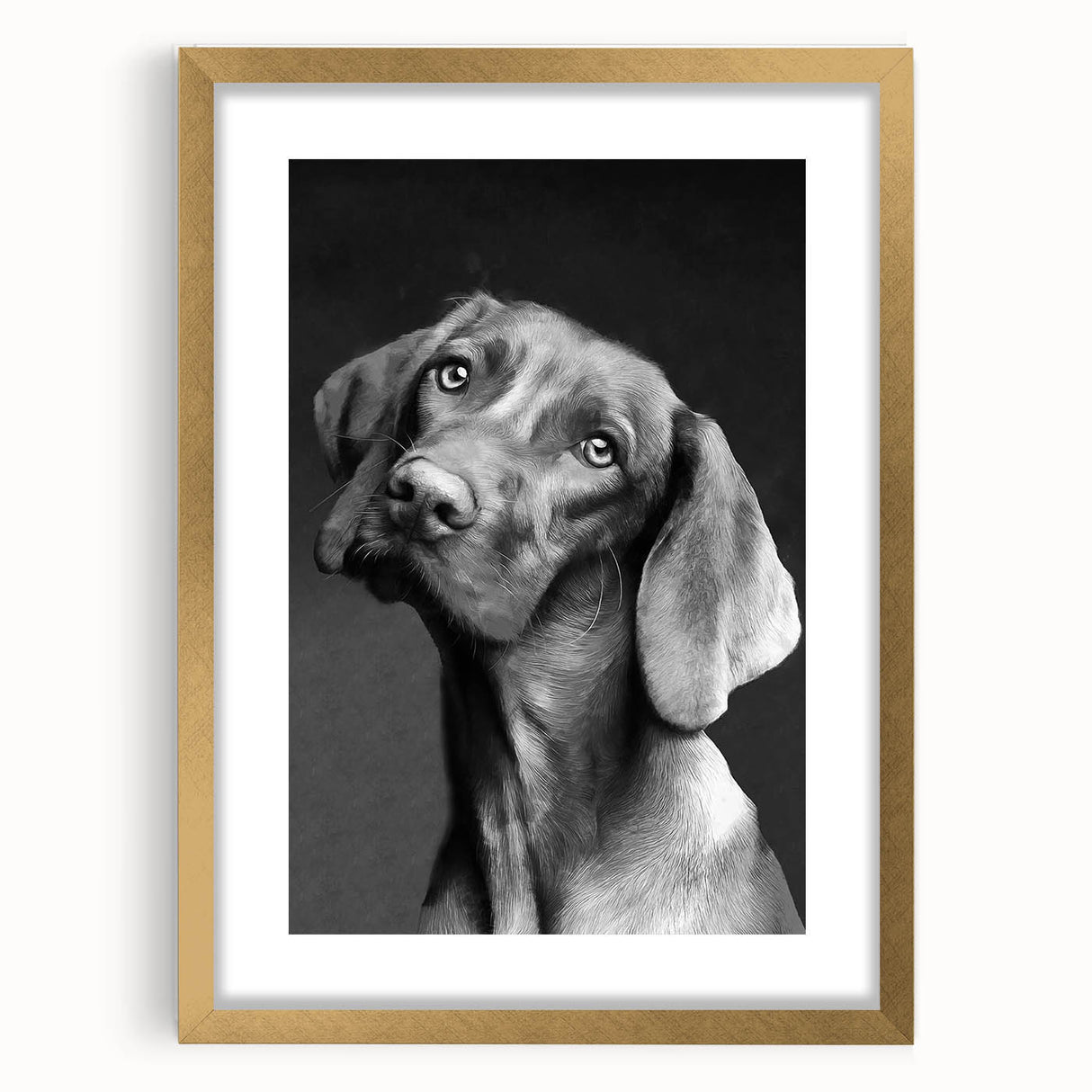 Framed wall art featuring a vibrant dog design in a gold mat, showcasing playful canine illustrations ideal for animal lovers and home decor enthusiasts.