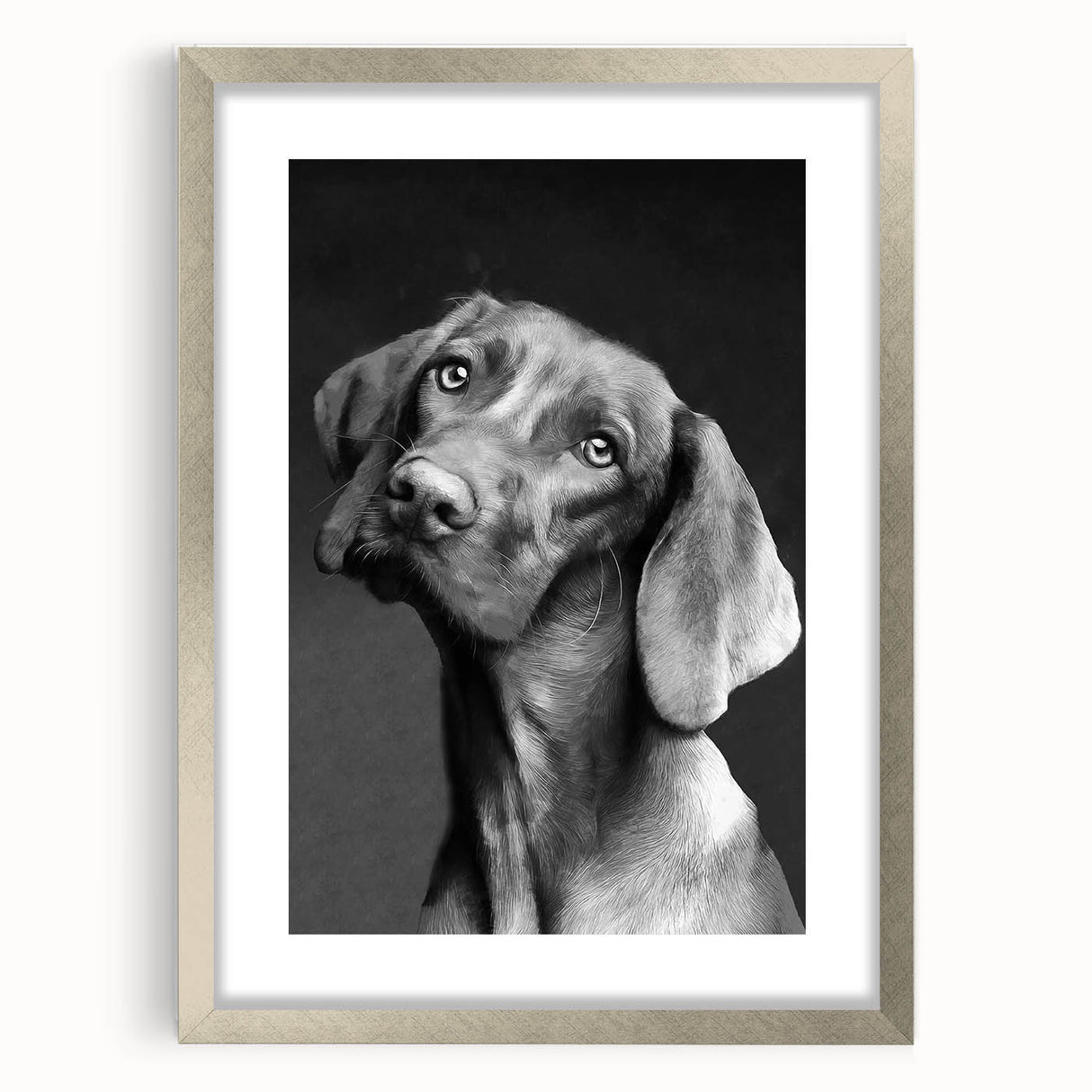 Framed wall art featuring a striking design of wild dogs, set within a sleek silver frame with a mat. The artwork showcases vibrant colors and intricate details, perfect for animal lovers and home decor enthusiasts. Ideal for adding a touch of nature to any room.