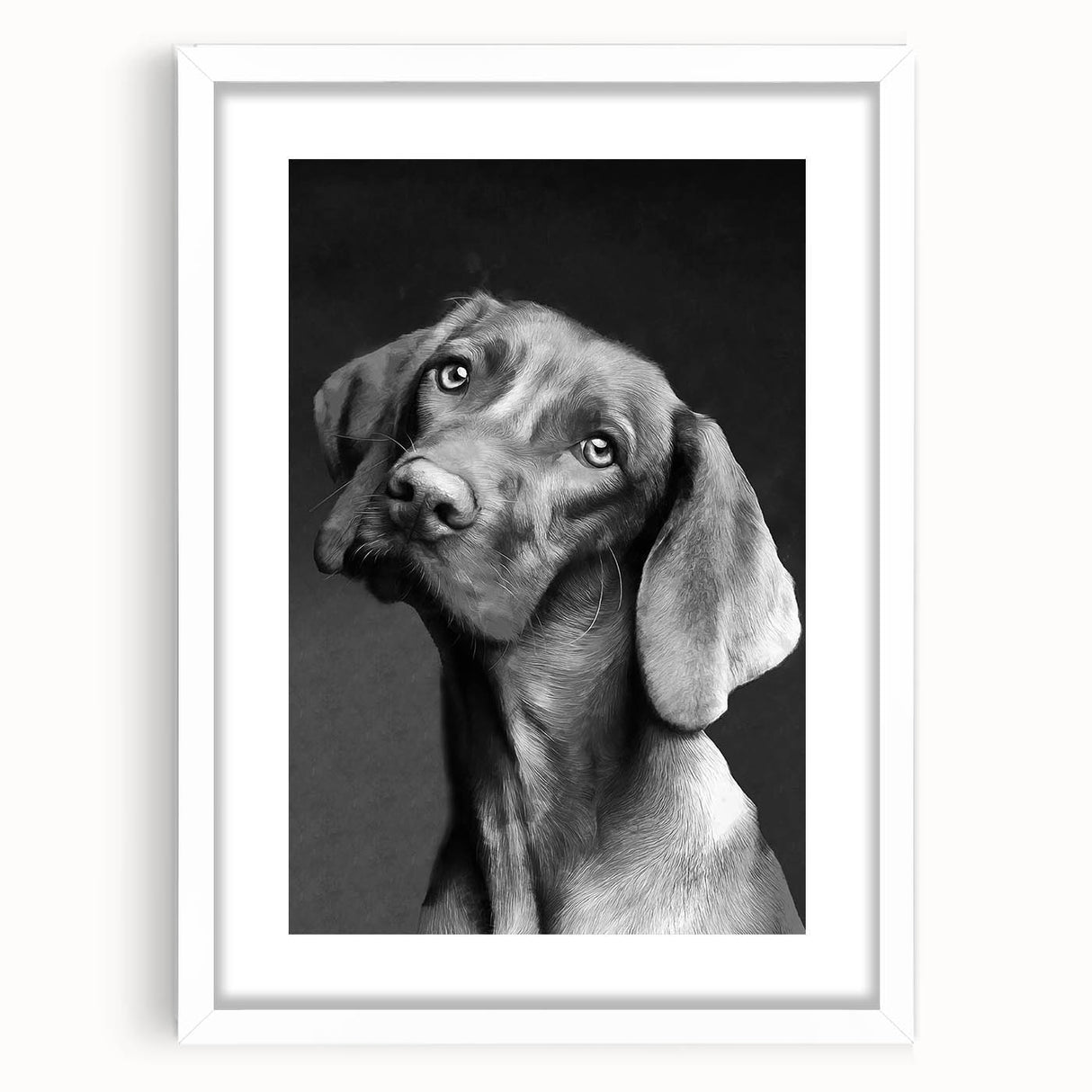 Framed wall art featuring a striking dog design from the "Animals A Wild Life" collection, showcasing vibrant colors and a modern white mat, perfect for home decor.