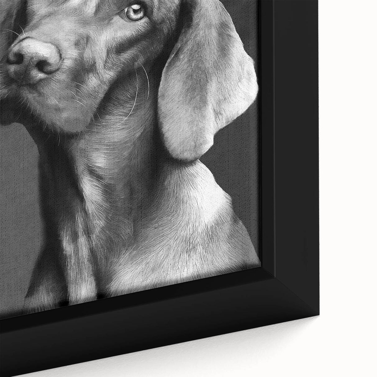 Close-up view of a framed canvas wall art featuring a vibrant and colorful design of various dog breeds, showcasing their unique features and expressions, perfect for animal lovers.