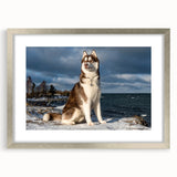 Framed wall art featuring a design of playful dogs in a wild-life theme, set in a sleek silver frame with matting, ideal for animal lovers and home decor.