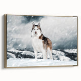Framed canvas wall art showcasing a vibrant design of various dog breeds, featuring a gold frame, perfect for animal lovers and home decor enthusiasts.