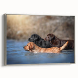 Framed canvas wall art showcasing a serene design of wild dogs in a natural setting, featuring a silver frame that enhances the artwork's elegance, suitable for modern decor.