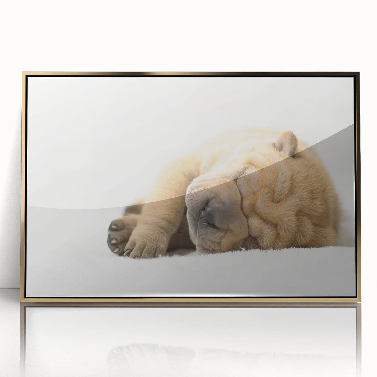 Framed wall art featuring a vibrant design of wild dogs, showcasing intricate details and rich colors on acrylic with a gold frame, ideal for animal lovers.