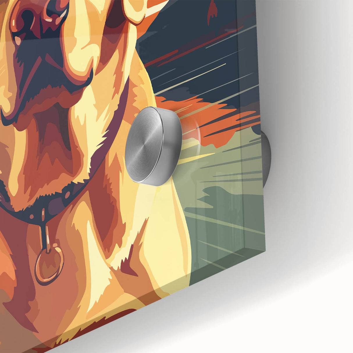 Close-up of a vibrant acrylic wall art piece showcasing a detailed design of various dog breeds in a wild setting, perfect for animal lovers and home decor enthusiasts.