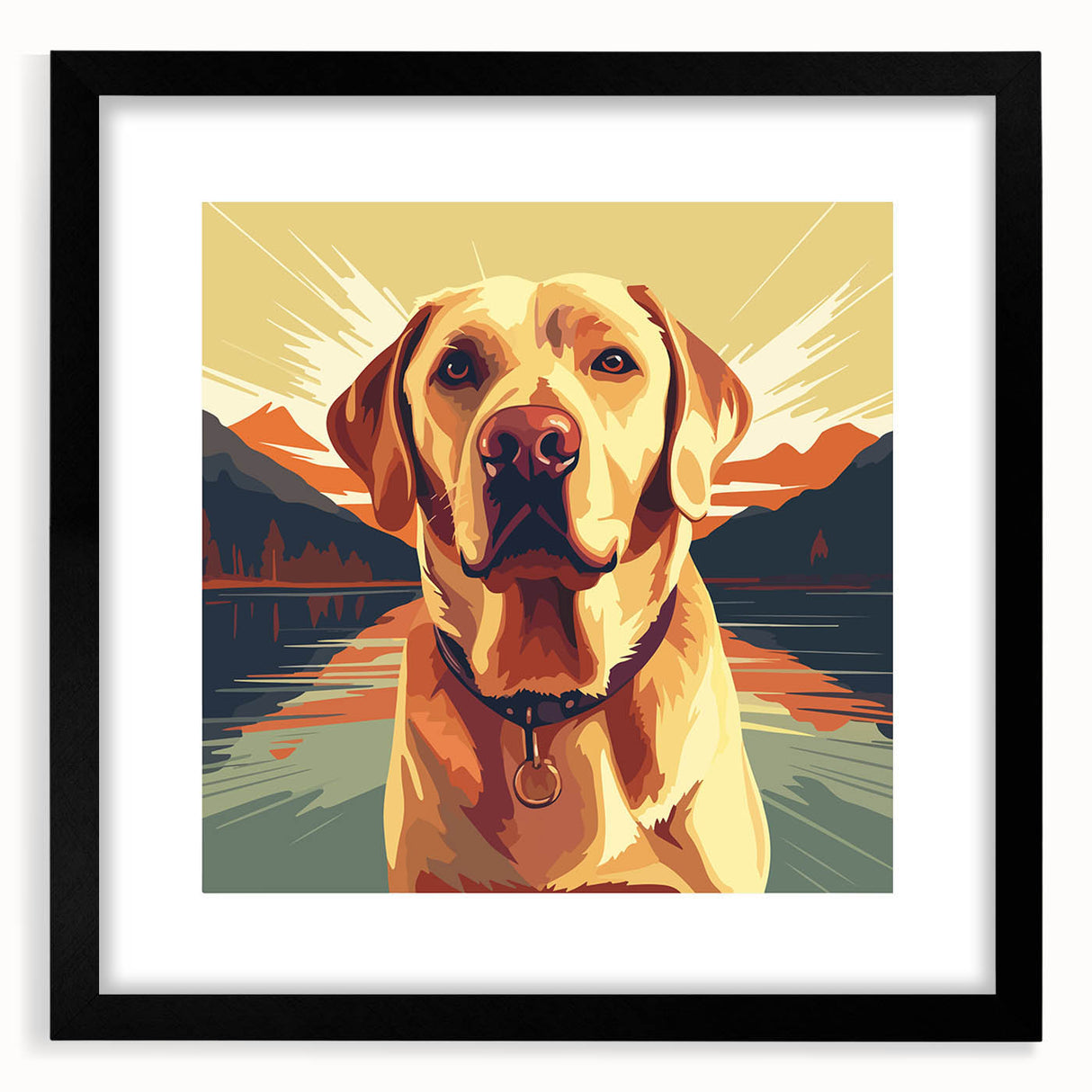 Framed wall art featuring a vibrant dog design from the "A Wild Life" collection, set in a sleek black frame with a mat, ideal for animal lovers and home decor enthusiasts.