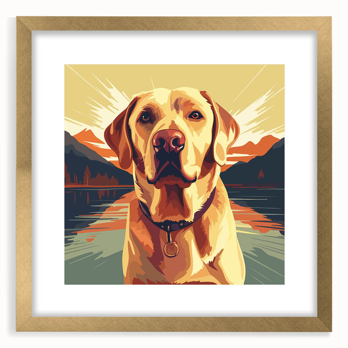 Framed wall art showcasing a vibrant dog design in a gold frame with a mat, perfect for animal lovers. Ideal decor for homes or offices, enhancing any space.