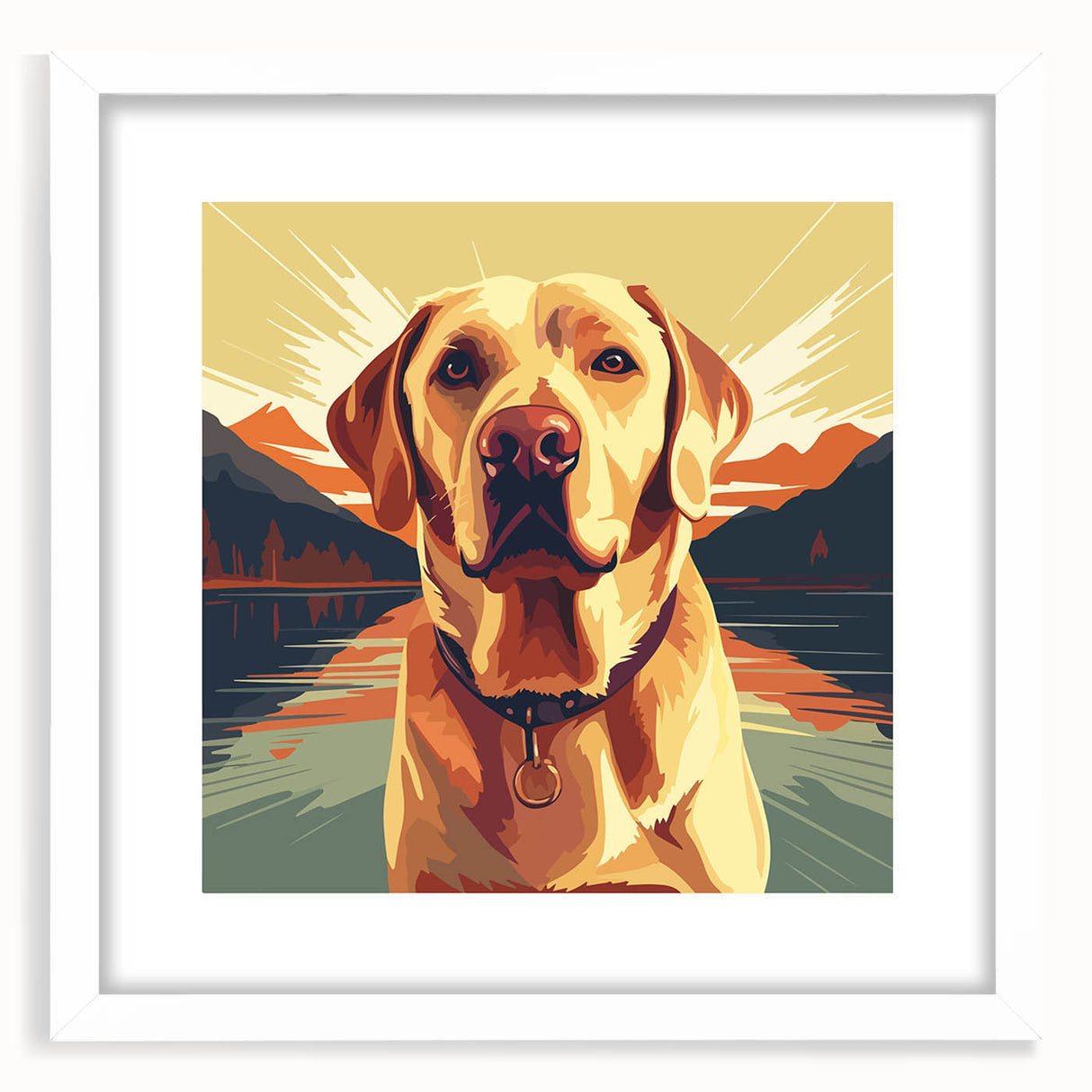 Framed wall art featuring a vibrant design of playful dogs in a wild-life theme, set against a white matting, ideal for animal lovers' home decor.