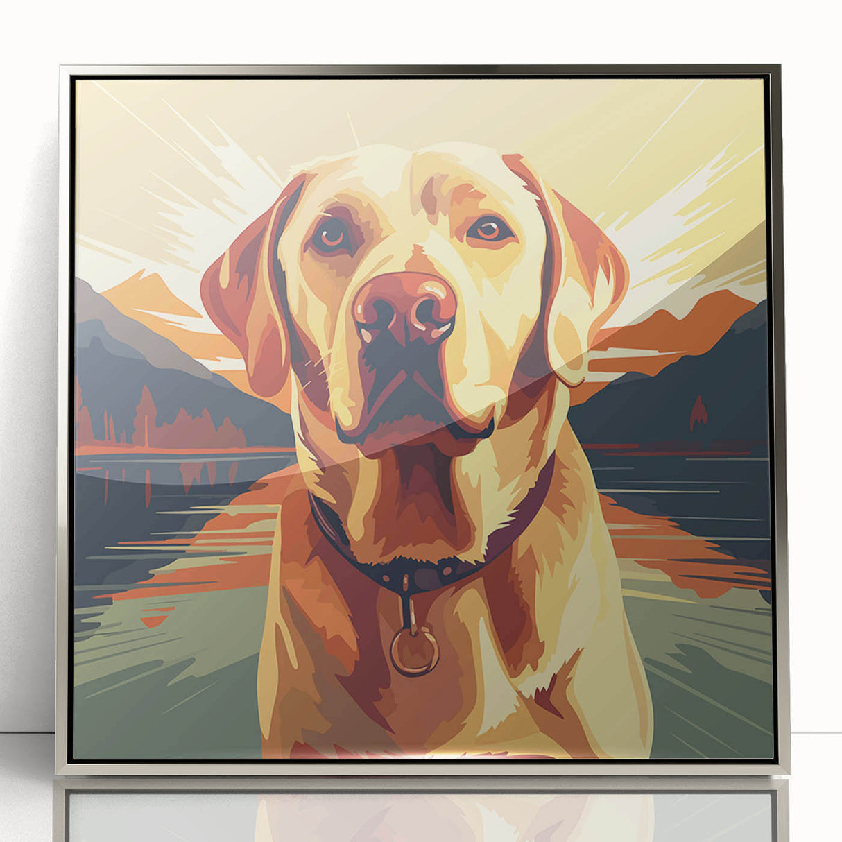 Framed wall art showcasing a stunning dog design from the "Animals A Wild Life" collection, featuring a sleek silver acrylic frame and vivid colors, ideal for pet lovers.
