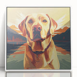 Framed wall art featuring a playful dog design against a white background, showcasing vibrant colors and modern aesthetics, perfect for animal lovers’ decor.