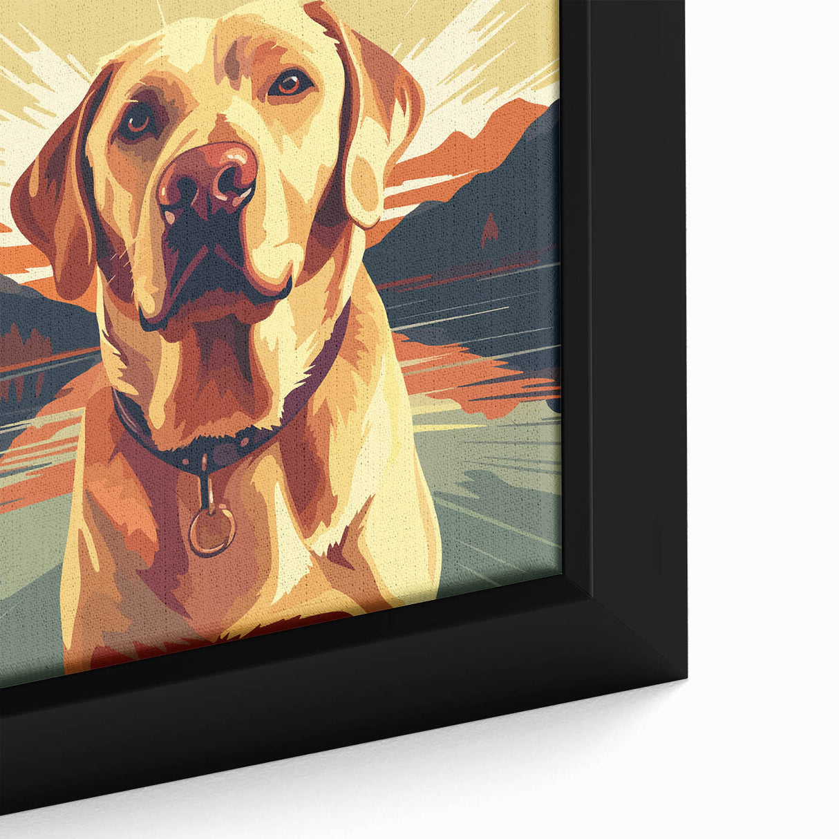 Close-up of a framed canvas wall art featuring a vibrant dog design, showcasing intricate details and textures, perfect for animal lovers and home decor enthusiasts.