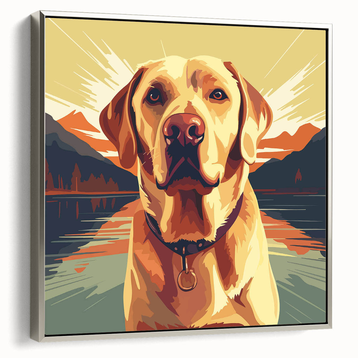 Framed canvas wall art showcasing a silver-accented design featuring playful dogs in a wild, colorful setting. Ideal for pet lovers seeking vibrant home decor.