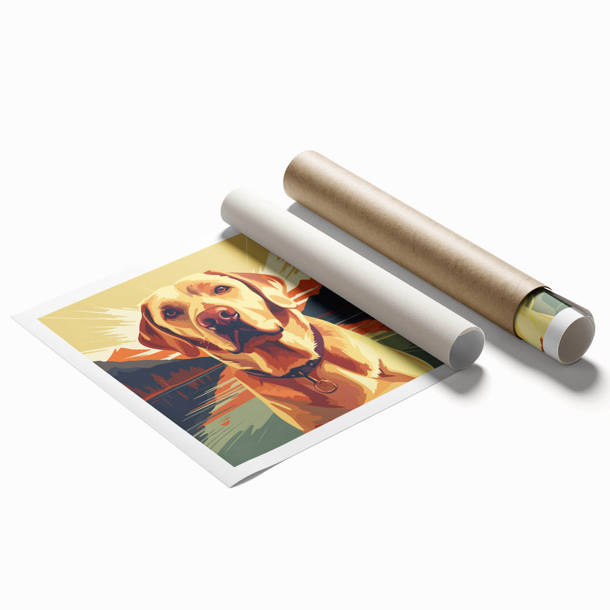 Colorful wall art print featuring a playful design of various dog breeds in a whimsical style, ideal for animal lovers and home decor enthusiasts. This rolled print showcases vibrant colors and detailed illustrations, perfect for brightening up any living space or as a unique gift.