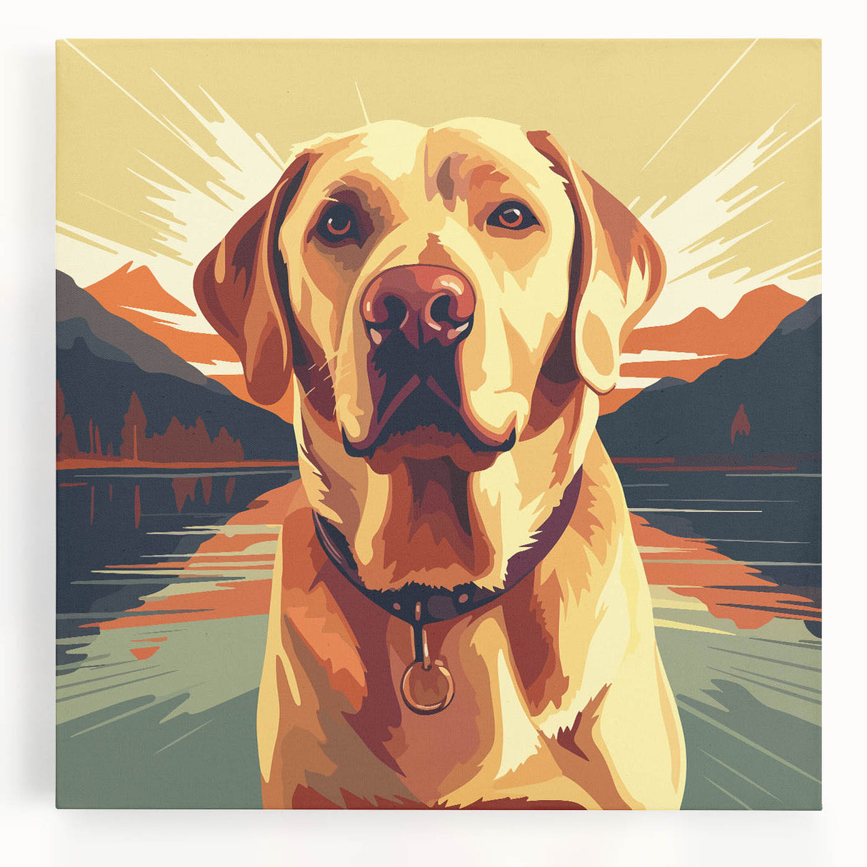 Stretched canvas wall art featuring a vibrant design of wild dogs, showcasing rich colors and dynamic patterns, perfect for animal lovers' home decor.