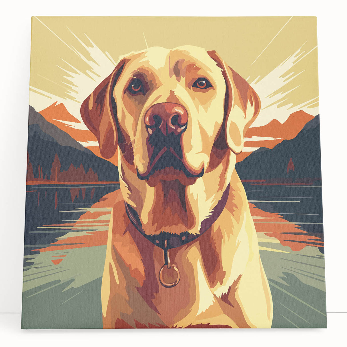 Stretched canvas wall art featuring a vibrant dog design, showcasing playful and colorful illustrations of various dog breeds, perfect for animal lovers' decor.