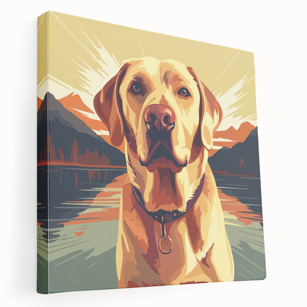 Colorful stretched canvas wall art showcasing a side view of playful dogs in a wild setting, perfect for pet lovers and home decor enthusiasts. Ideal for enhancing living spaces with vibrant animal-themed designs.