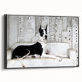 Framed canvas wall art showcasing a vibrant dog-themed design from the "Animals A Wild Life" collection, featuring a sleek black frame and side view perspective, perfect for pet lovers' home decor.