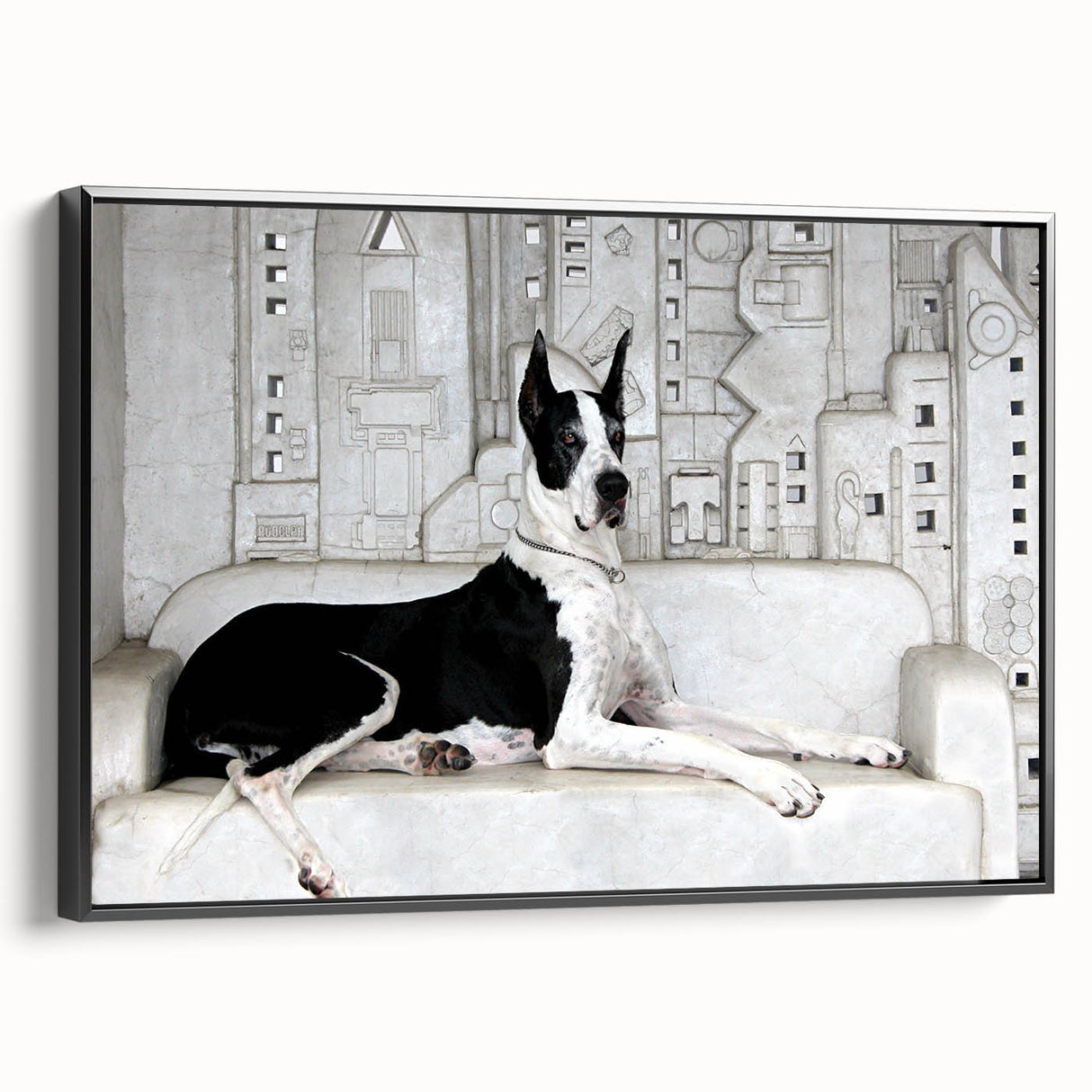 Framed canvas wall art showcasing a vibrant dog-themed design from the "Animals A Wild Life" collection, featuring a sleek black frame and side view perspective, perfect for pet lovers' home decor.