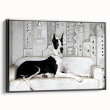Framed canvas wall art showcasing a vibrant dog-themed design from the "Animals A Wild Life" collection, featuring a sleek black frame and side view perspective, perfect for pet lovers' home decor.