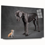 Side view of a contemporary acrylic wall art design showcasing a vibrant collection of wild dogs, featuring bold colors and intricate details, ideal for modern decor.