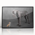 Framed black wall art featuring a vibrant design of various dog breeds in a wild setting, showcasing intricate details and colors, perfect for animal lovers.