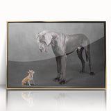 Framed wall art featuring a gold-accented design of playful dogs in a vibrant, colorful setting, perfect for animal lovers and home decor enthusiasts.