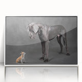 Framed wall art showcasing a vibrant dog-themed design from the 'Animals: A Wild Life' collection, featuring a white frame and acrylic front, ideal for pet lovers.