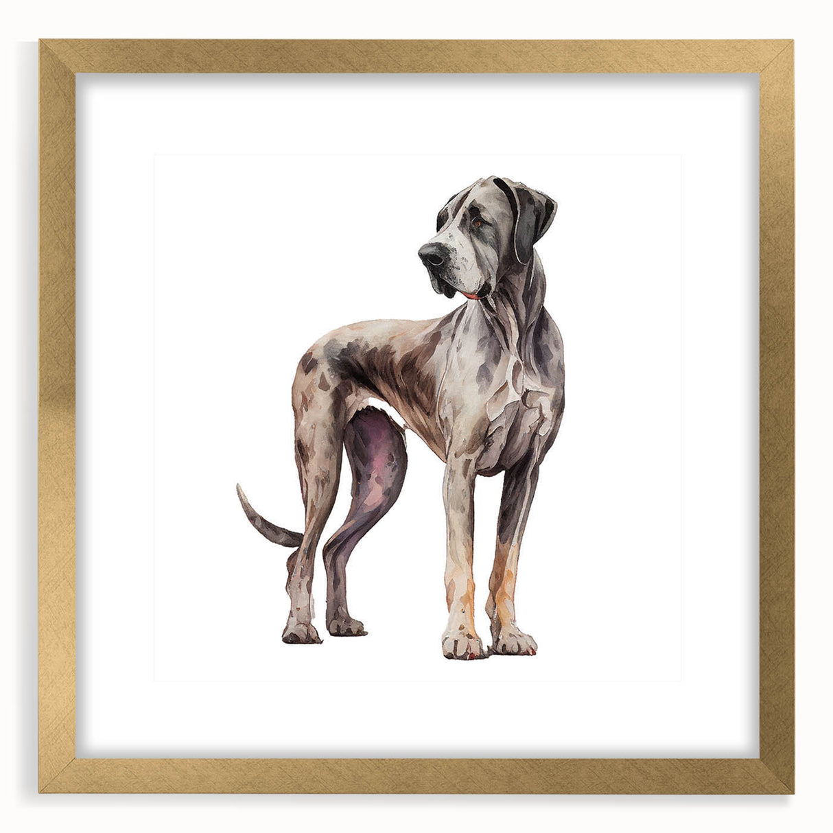 Gold-framed wall art collection showcasing various dog breeds in vibrant colors, elegantly matted for a sophisticated look, ideal for animal lovers' decor.
