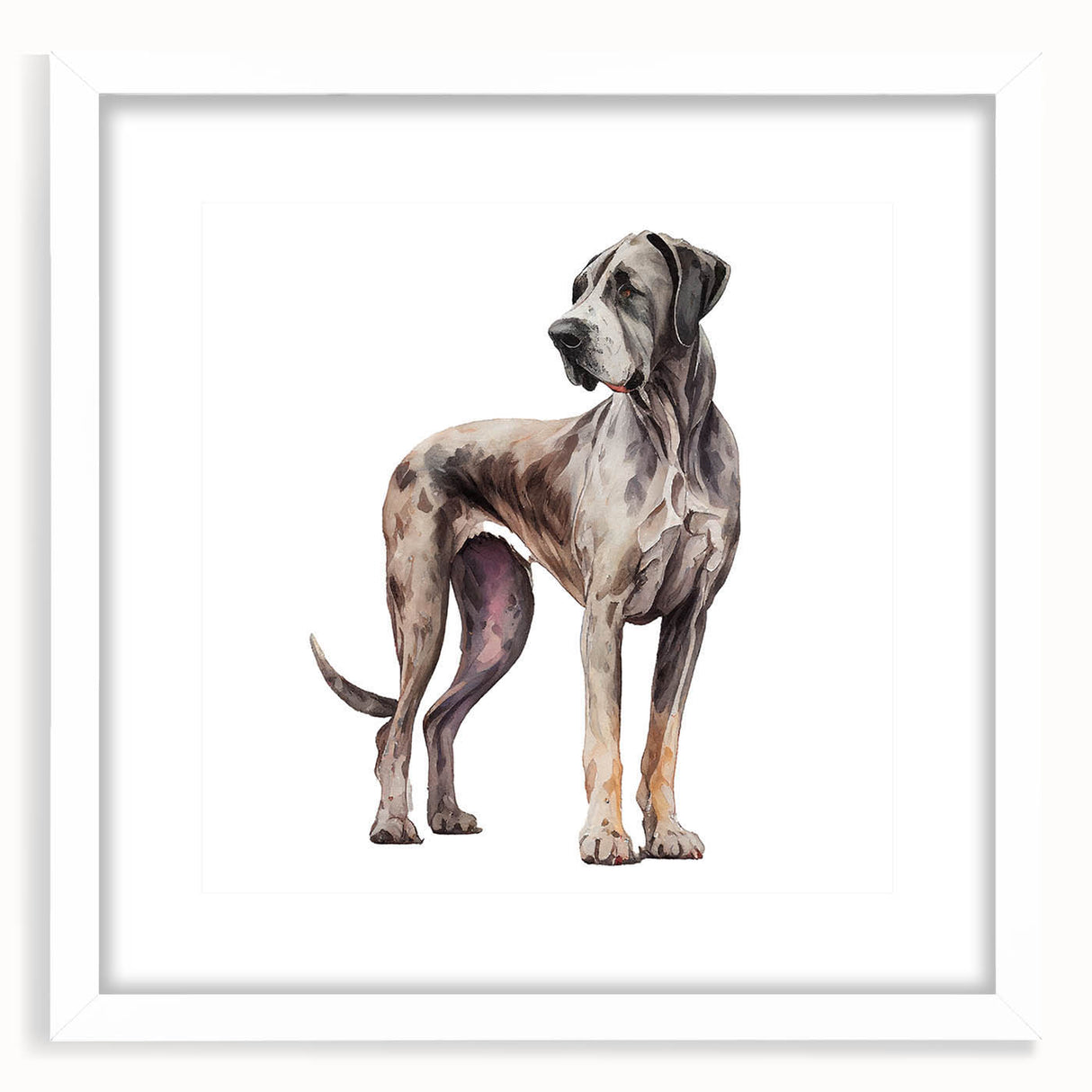 Framed wall art featuring a collection of various dog breeds in a vibrant, colorful design, set against a white mat, ideal for animal lovers and home decor.