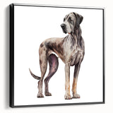 Framed canvas wall art depicting a vibrant dog design, showcasing a black frame and a side view perspective, perfect for animal lovers and home decor enthusiasts.