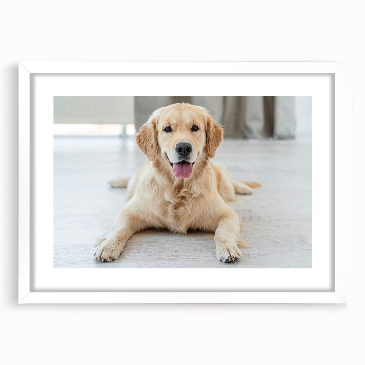 Framed wall art collection featuring a vibrant, colorful design of various dog breeds, displayed in a sleek white frame with a mat, ideal for pet lovers’ decor.