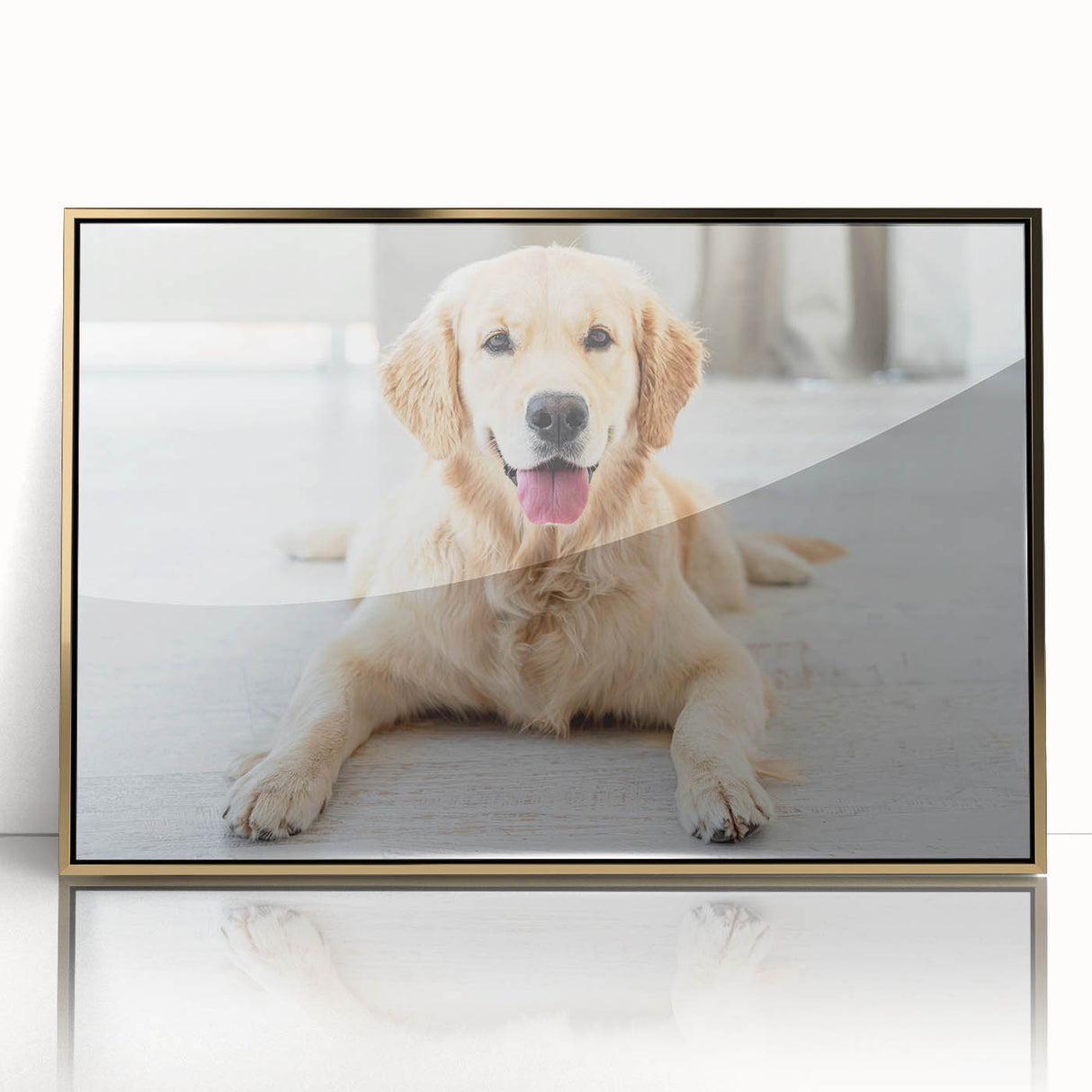 Framed wall art featuring a vibrant dog design in gold acrylic, showcasing a wild animal theme. Perfect for animal lovers, this decorative piece enhances any space.