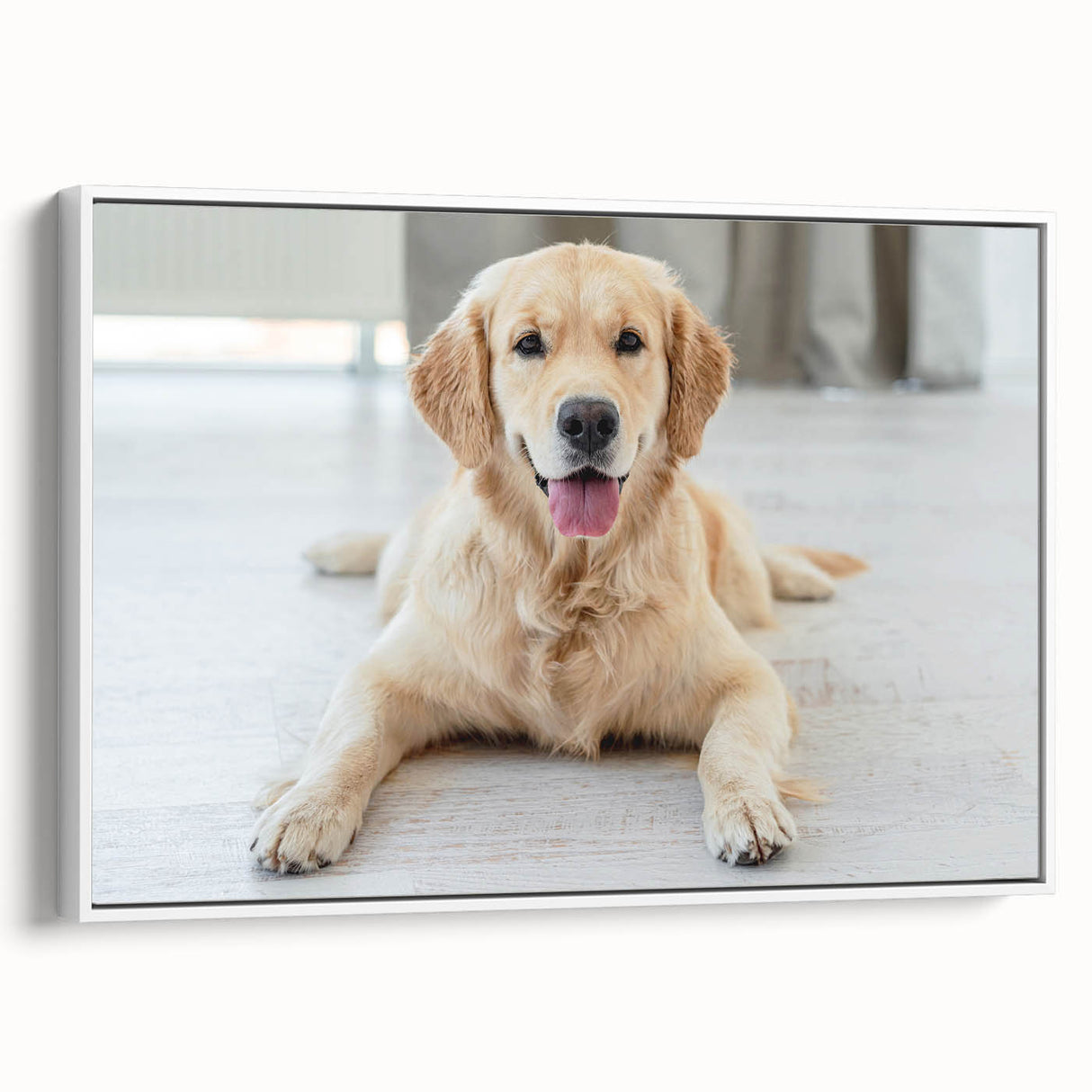 Framed wall art featuring a collection of stylized dog illustrations on a white canvas, showcasing vibrant colors and playful designs, ideal for pet lovers' home decor.